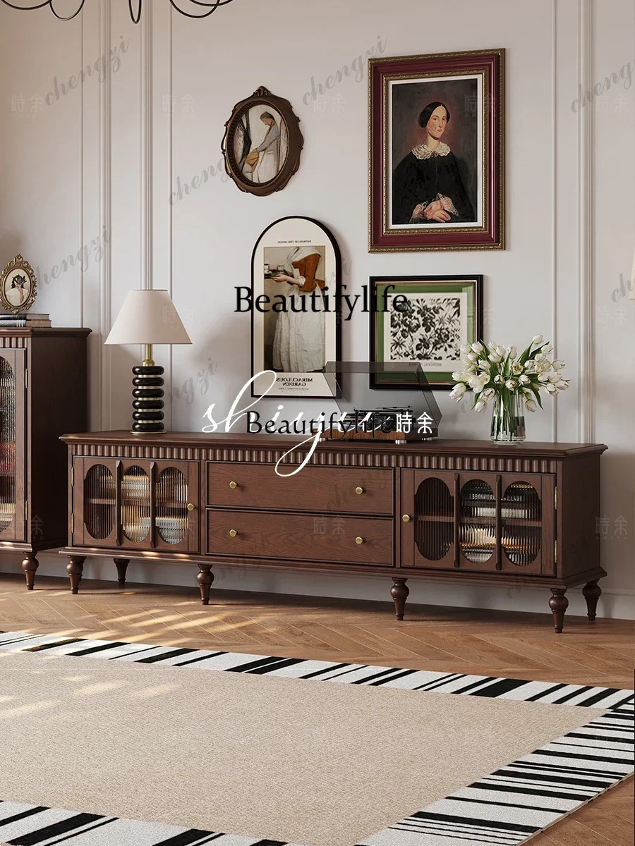 02 TV cabinet American retro all solid wood medium ancient French high foot