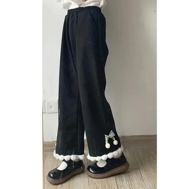 Japanese Kawaii Pants Women Wide Leg Cute Sweatpants Sweet Harajuku Lolita Vintage Baggy White Trousers with Bow Winter