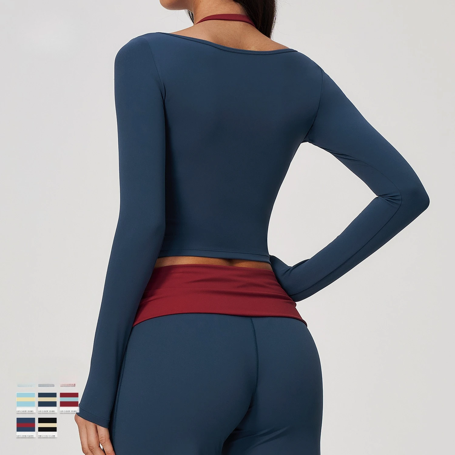 Women Yoga Long Sleeved Fitness Running Workout Gym T-shirt Top Color Contrast Scoop Neck Halter Detail Cropped Yoga Sports Top