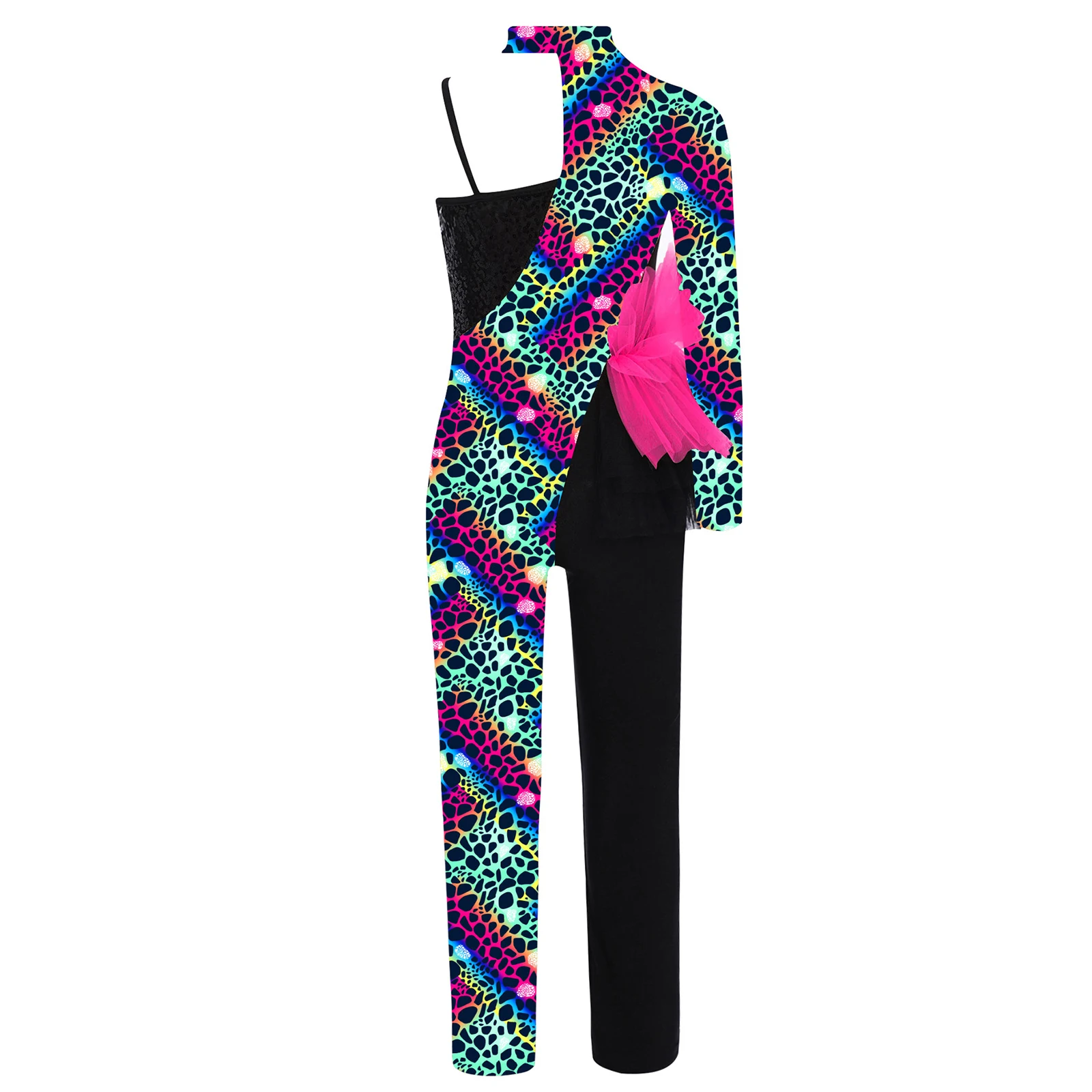 Kinderen meisjes bedrukte jumpsuit gymnastiek ballet dans kostuum asymmetrische lange mouw zijkant tule peplum pailletten patchwork bodysuit