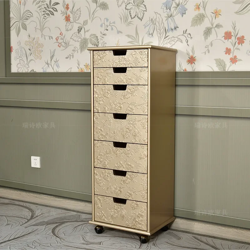 Champagne Gold Embossed 7 Drawer Wheeled Narrow Chest of Drawers Removable Multi Layer Storage Cabinet for Bedroom Hallway