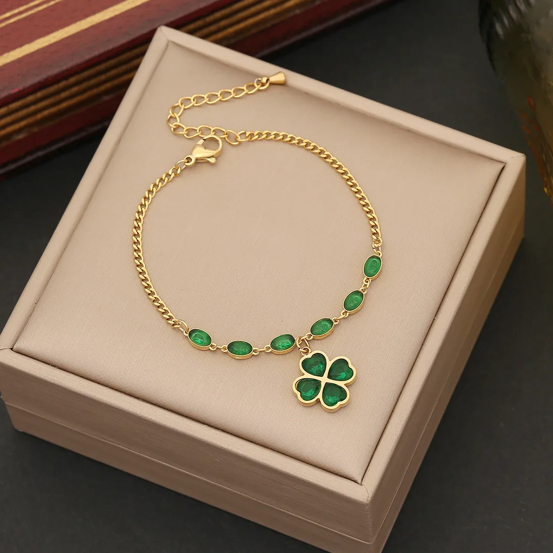 316L Stainless Steel Green Crystal Flower Pendant Necklace for Women Girls Fashion 2 Layer Neck Chain Jewelry Holiday Gift