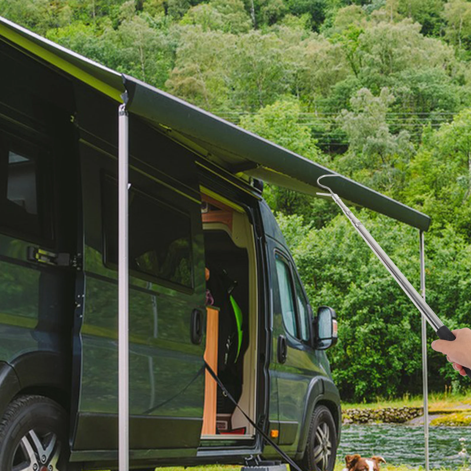 

Portable Awning Pull Rod Adjustable Sunshade Telescopic Pole Retractable Camping Hook Stick Black Tarpaulin Opener