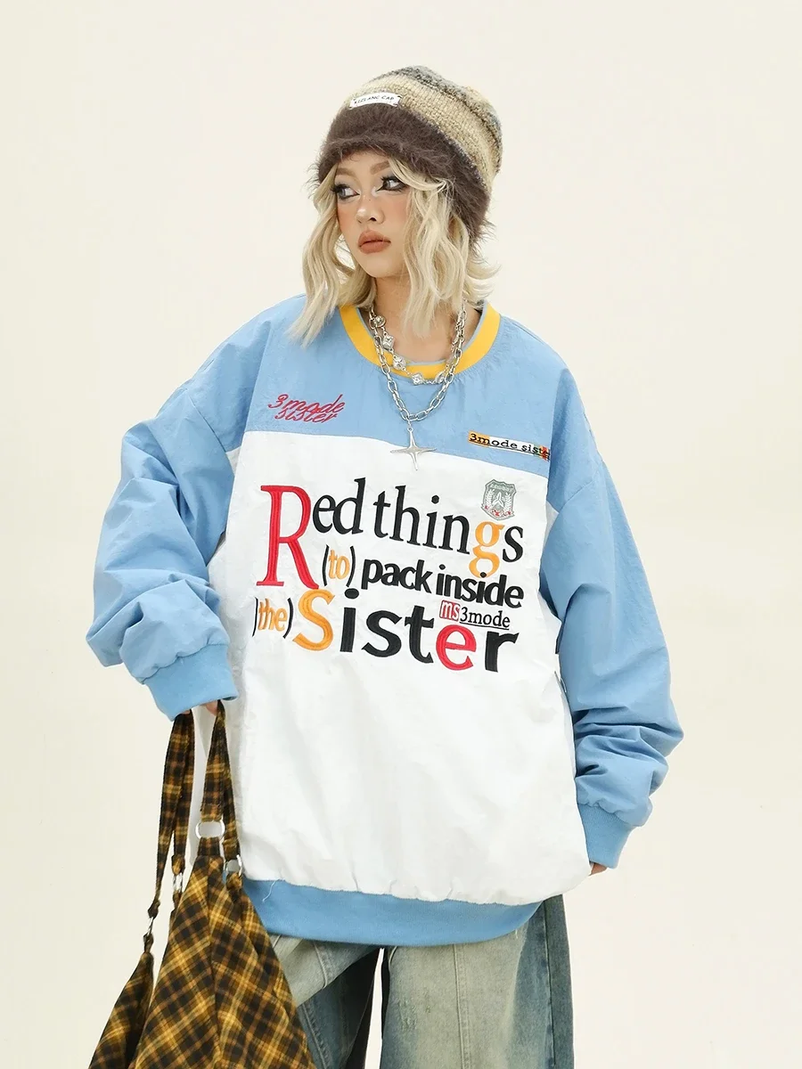 

Contrasting Letters Embroidered Crew Neck Sweatshirts Women's 2024 Autumn New Loose Bf American Retro Top Trend Pullover