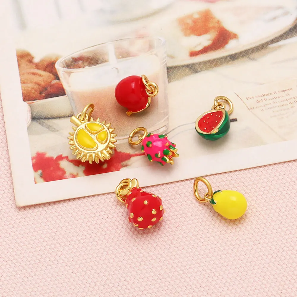 OCESRIO Trendy Enamel Fruit Charms for Bracelet Copper Gold Plated Durian Cherry Pitaya jewelry Making Accessories chma324