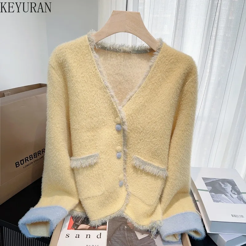 黄色のルーズセータージャケット女性のための秋冬韓国 V ネック長袖ミンクファーニットカーディガンコートアウタートップス