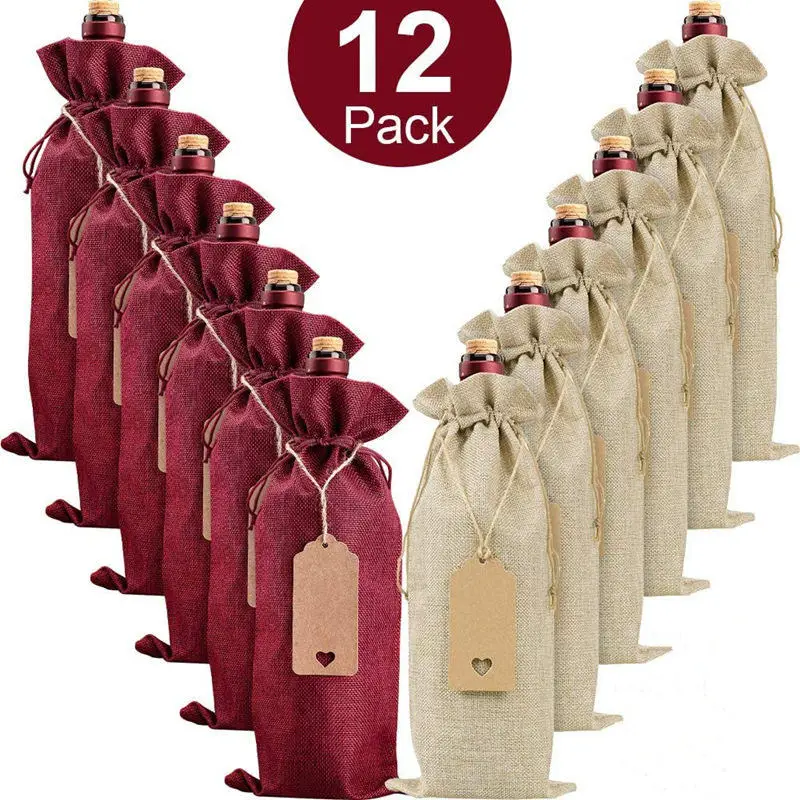 New 12 Pcs Wine Bags Jute Wine Bottle Bags with Drawstrings Reusable Wine Gift Bags with Tags for Party Simple Wine Bag