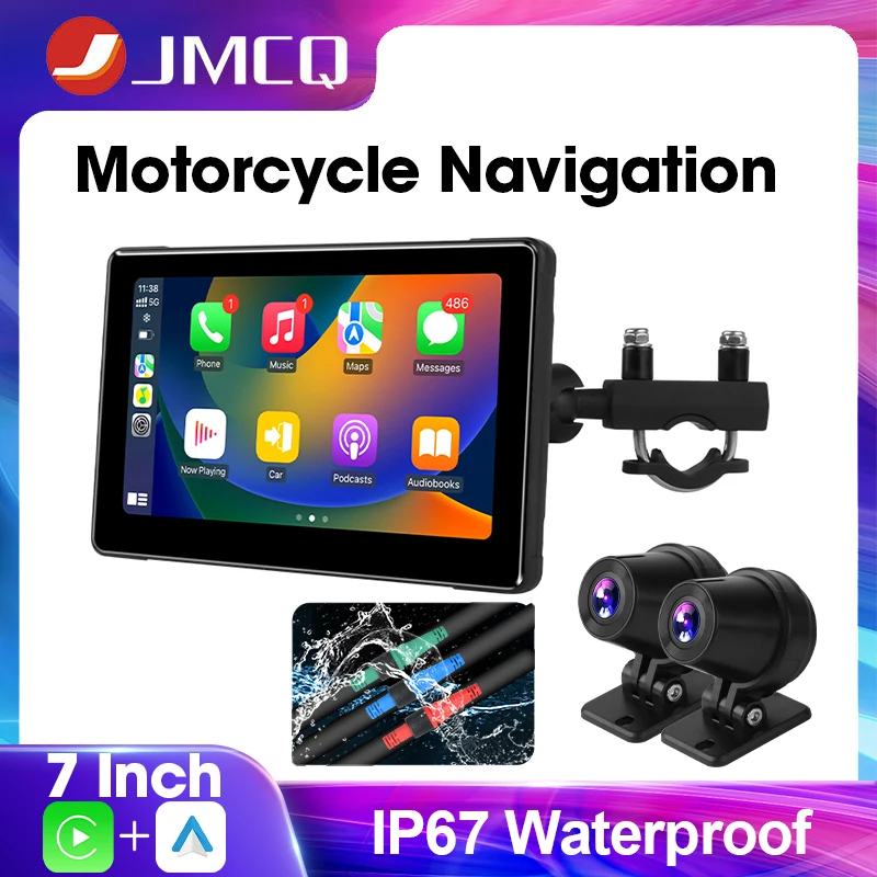 JMCQ Motorcycle Carplay Screen DVR Dashcam 7" Touchable IPX7 Waterproof IPS Monitor Wireless Carplay Android Auto 2 Cameras