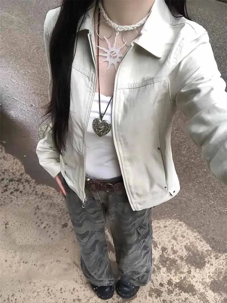 American Retro Lapel Collar Leather Jacket Women Chaqueta Mujer Harajuku Veste Femme American Streetwear Grunge Tunic Top