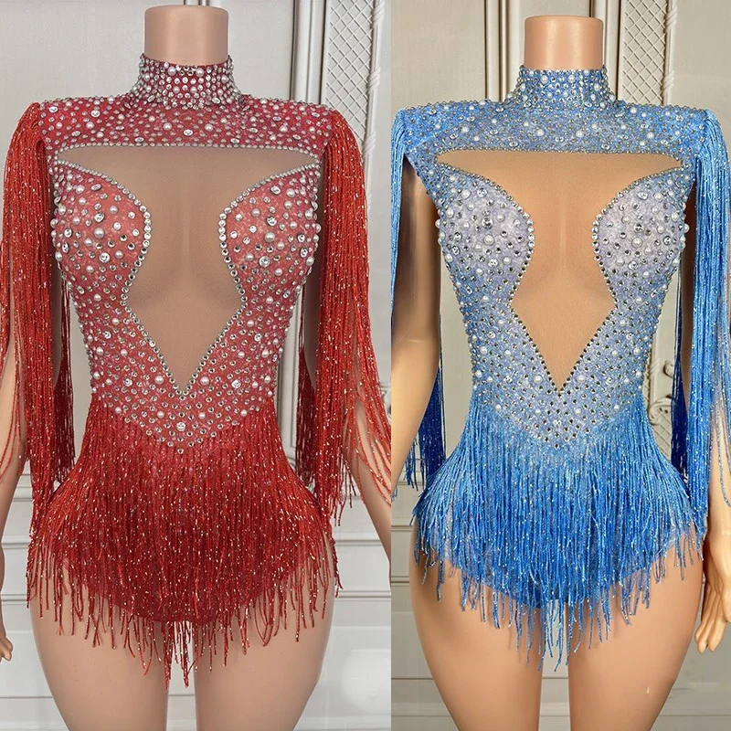 Ropa de fiesta para discoteca Ds Dj, ropa de Gogo, mono con diamantes de imitación, traje de Drag Queen rojo y azul, traje de baile de Jazz para mujer