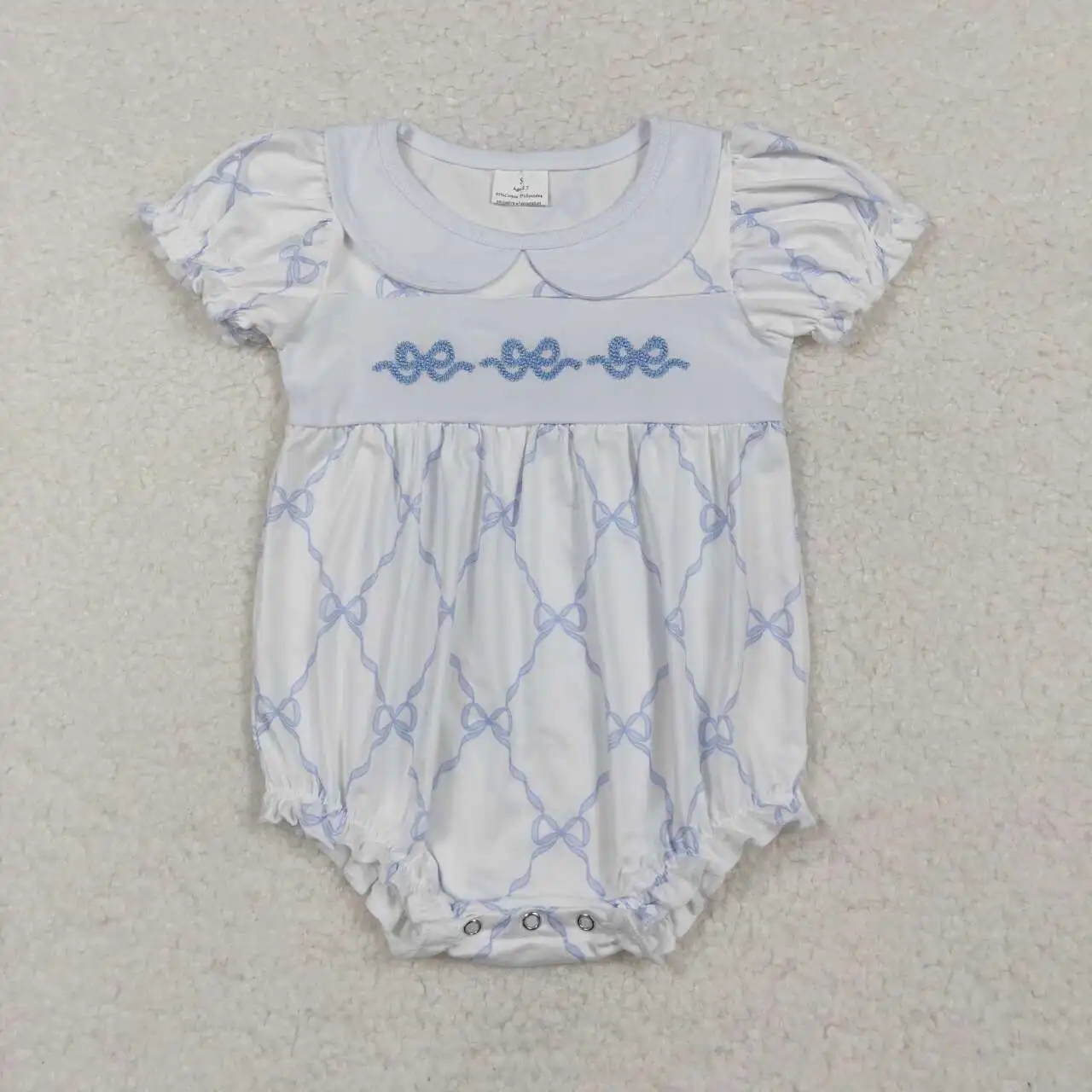 NEW RTS baby girl embroidery blue bow pattern romper wholesale boutique autumn girls jumpsuit