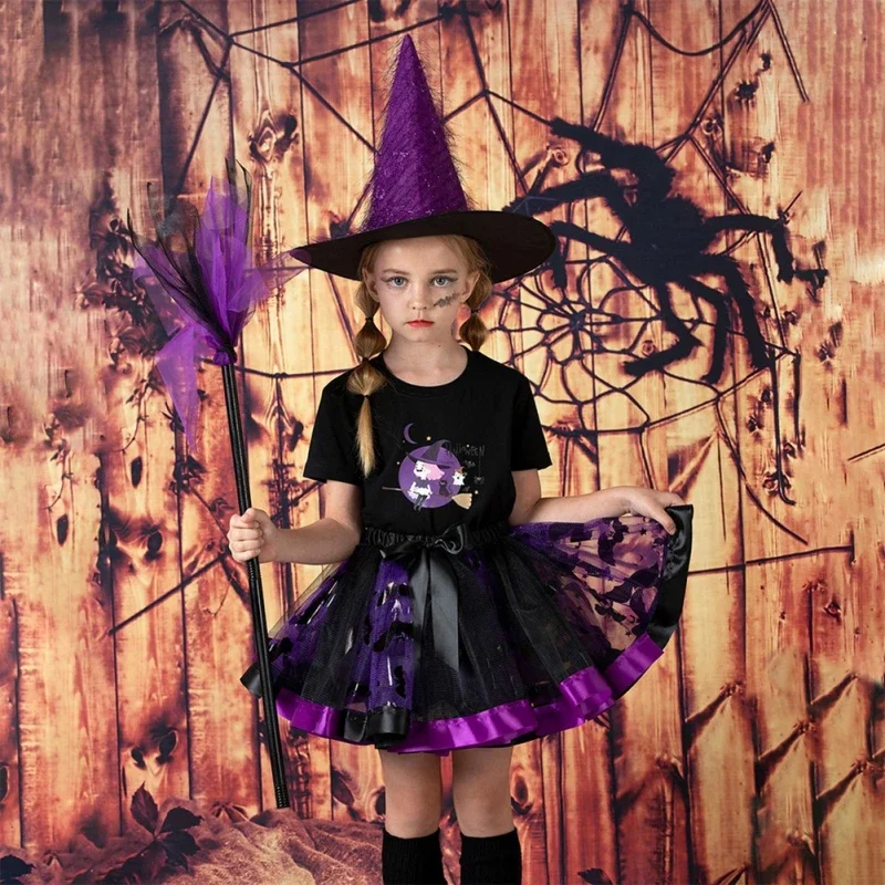 3Pcs Girls Halloween Skirt Kids Dance Party Costume Toddler Tulle Skirt Hat Broom Set Halloween Cosplay Dress Up For Little Girl