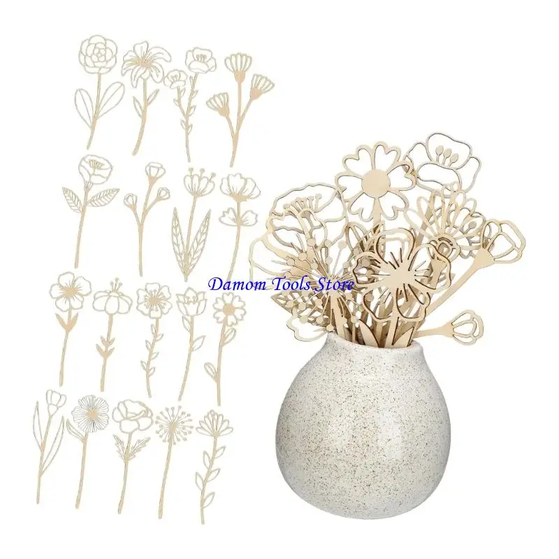 57BE 18Pcs Wooden Flowers Colorable Floral Cutouts for Artistic DIY Home Decoration and Festival Ornament