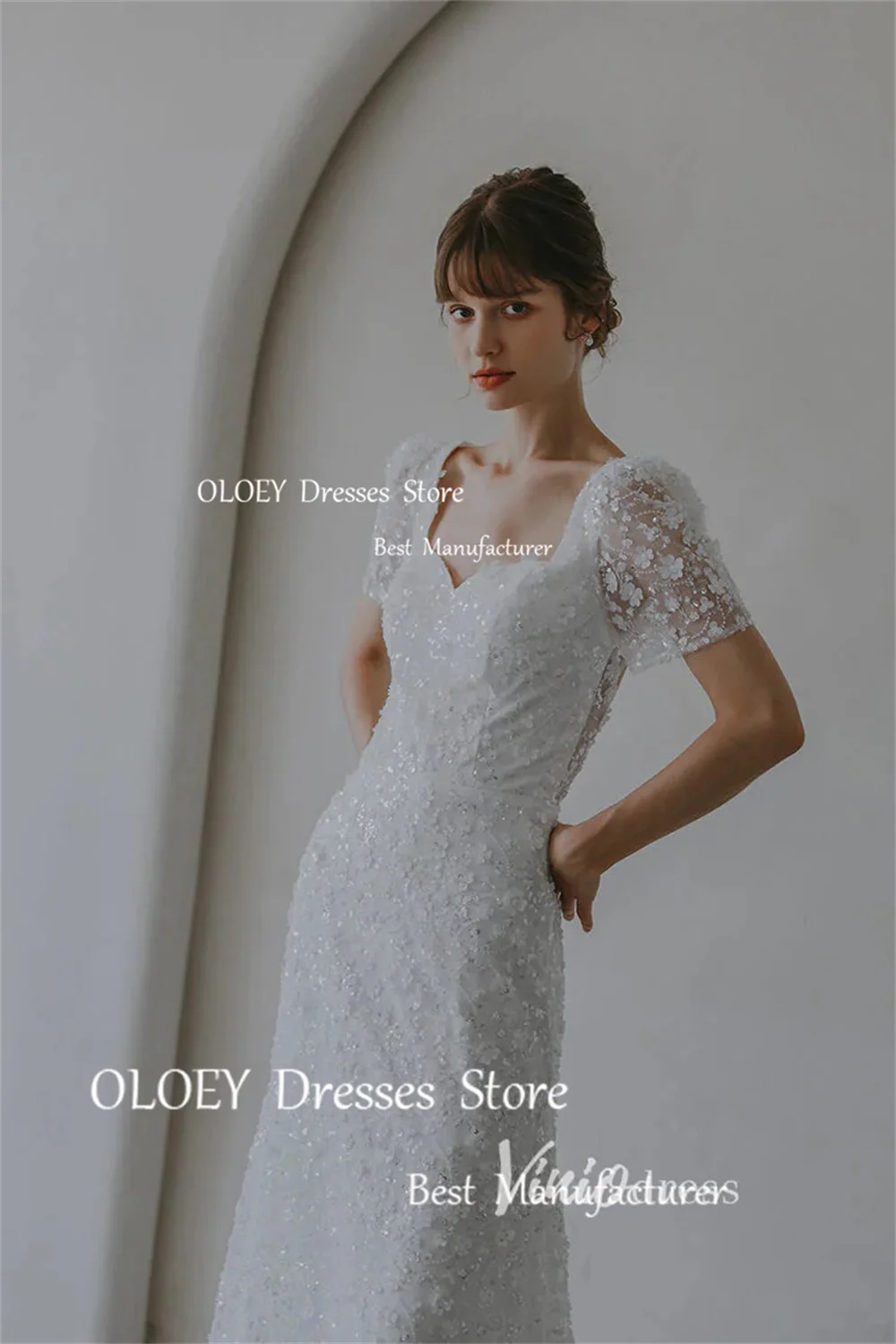 OLOEY Exquisite 3D Appliques Glittery Wedding Dresses Korea Photoshoot Backless Floor Length Zipper Back Bridal Gown Custom Made