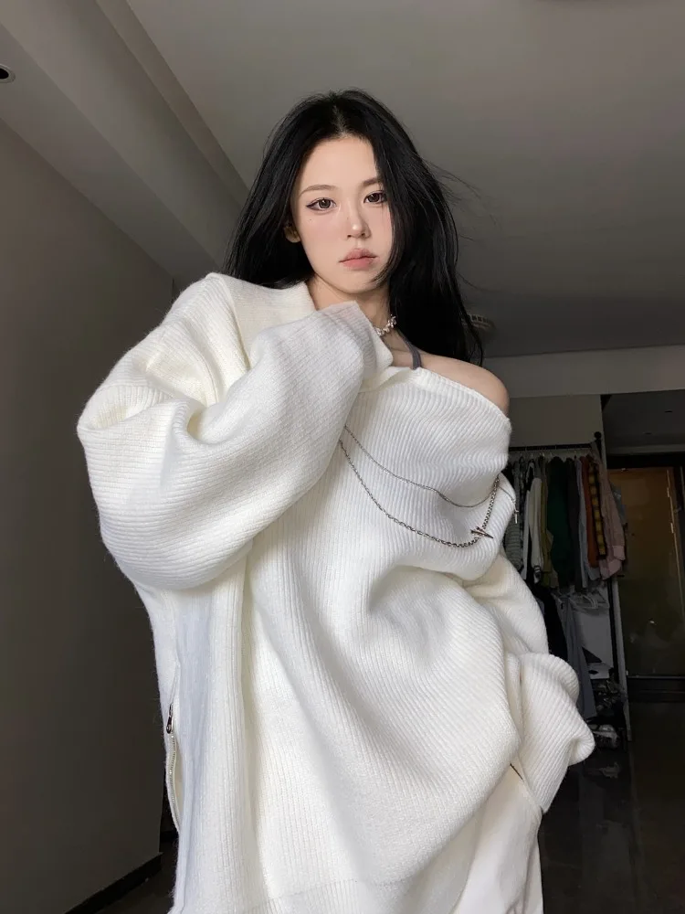 2024 Autumn Winter New White Sweaters Mujer Off Shoulder Long Sleeve Knitted Pullovers Y2k Mid-length Loose Zipper Tops Women