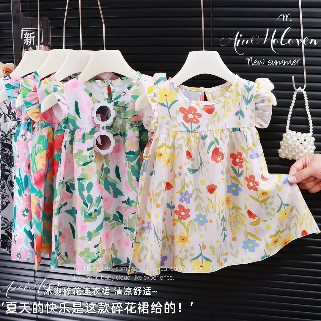Girls' Summer A-Line Dress – Lightweight Ditsy Floral with Peony Print, Princess Full Skirt Sundress Kids Dresses for Girls