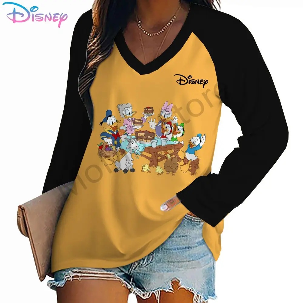 Disney Donald Duck Autumn Women\'s Long Sleeve T-Shirt Ladies Fashion High Quality S-3XL 2024 New V Neck Lovely Leisure Kawaii