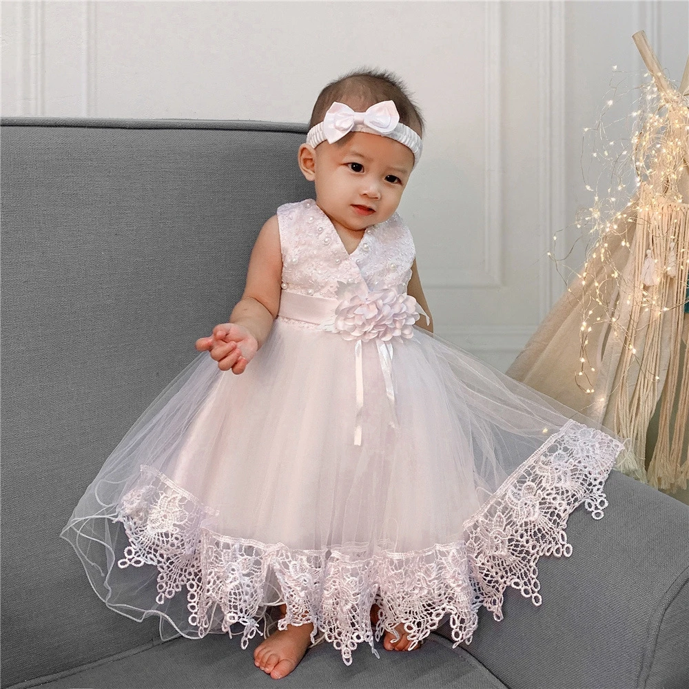 Newborn White Dress for Baby Girl Clothes 0 12 Months Infant Christening Dress+Headband Toddler Birthday Wedding Party Outfit