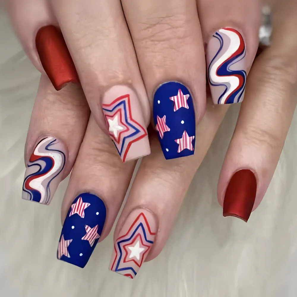 24Pcs Red/Blue Star Printed Fake Nails Independence Day Charm False Nails for Woman and Girls Square Head Press on Nails