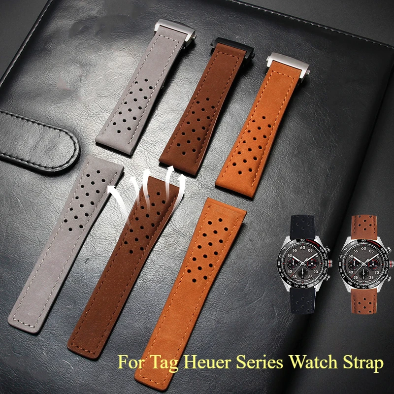 24 22 20mm for Heuer Tag Series Carbon Fiber Breathable Holes Design Strap Sweatproof Breathable Genuine Cow Leather Watch Strap