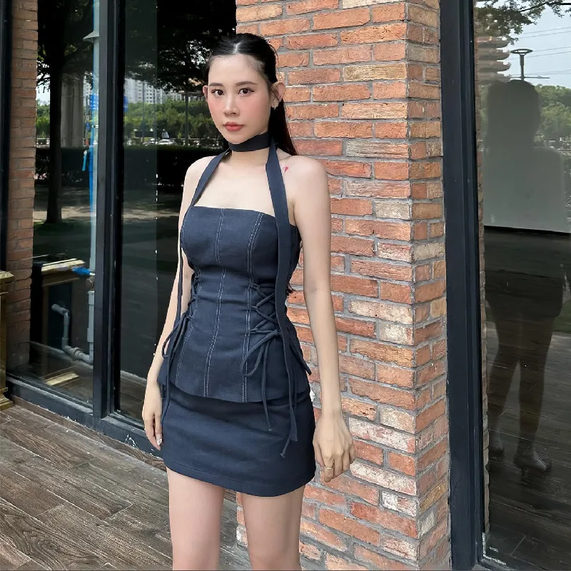 WhereMery Women Formal Occasion Two Piece Set Sexy Side Cross Bandage Solid Tube Tank Top With Skinny Slim Skirt 2023 Summer New