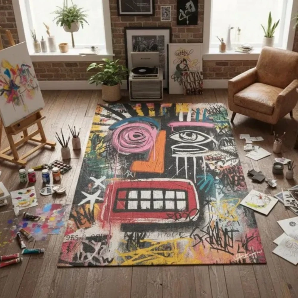 Graffiti-Kunstdruck Teppich Rutschfester Bodenteppich für Wohnzimmer Abstrakter Street-Style Weicher Teppich für Jugendzimmer Wohndekoration