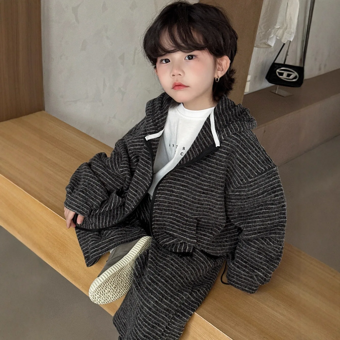Children's Suit 25 Autumn Lazy Wind Striped Long-sleeved Hooded Jacket Top + Thin Wide-leg Trousers