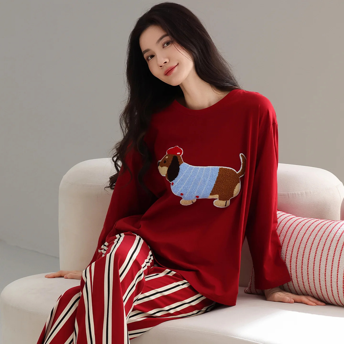 

Pajamas women's spring and autumn pure cotton long-sleeved red natal year can be worn outside cute cartoon loungewear cotton