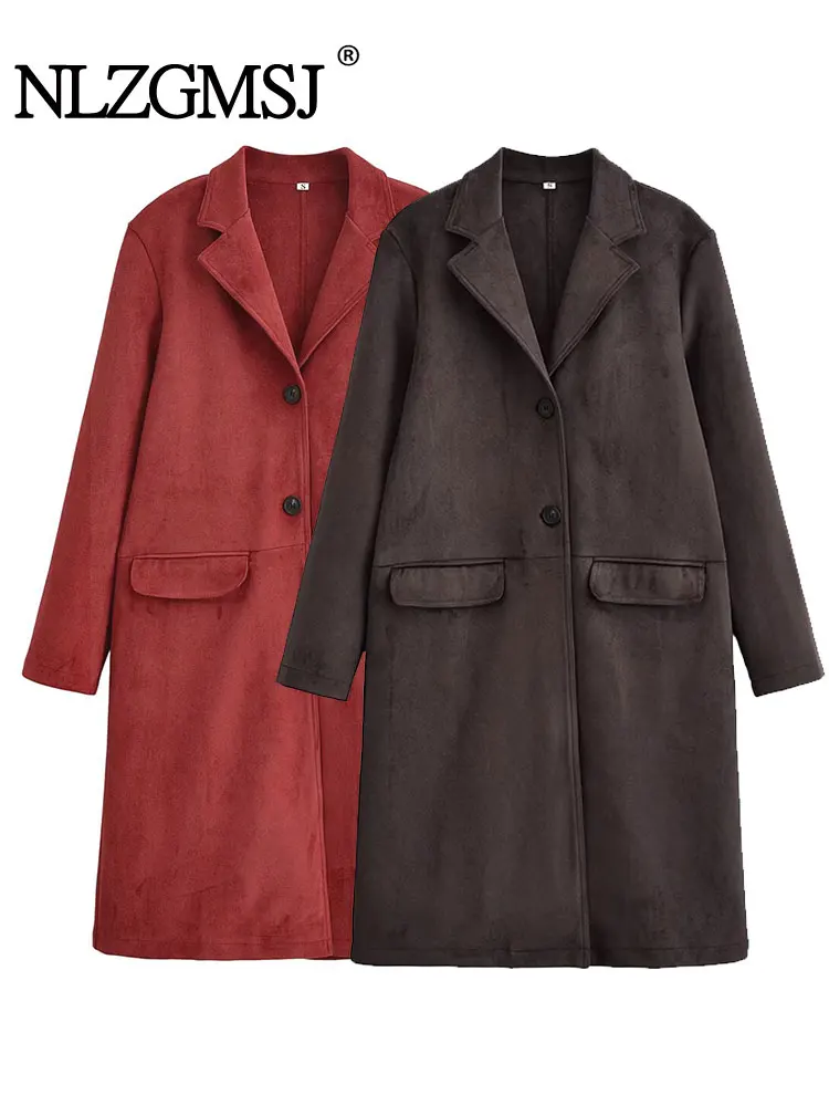 

Nlzgmsj осеннее замшевое женское длинное пальто для отдыха, куртка, повседневная коричневая верхняя одежда с длинными рукавами, женское пальто