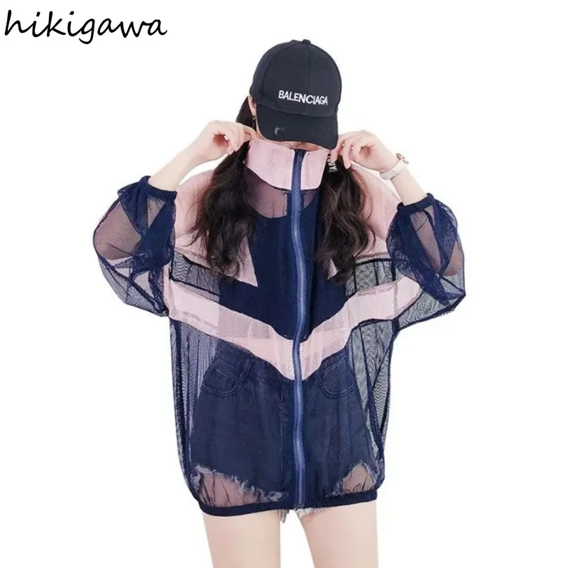 Harajuku Streetwear Jackets Women\'s Clothing 2024 Ropa Mujer Patchwork Gauze Fashion Casual Outwear See Through Y2k Coats Tops