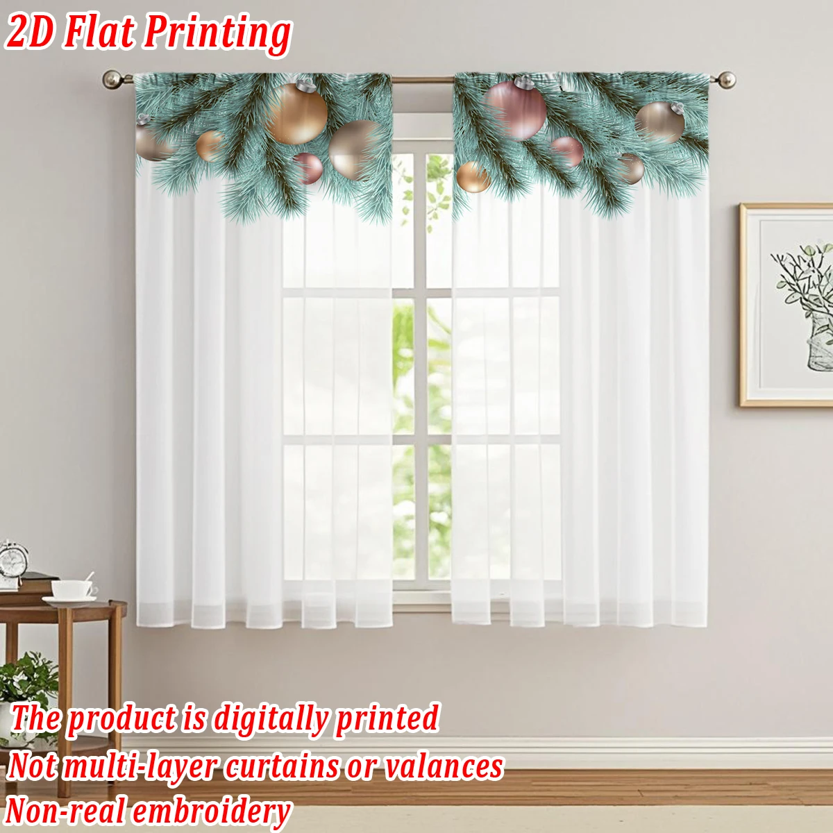 クリスマス柄のキッチン用シアーカーテン、メリークリスマスのボールと松の枝のモチーフ、クリスマスの家の装飾やパーティーに