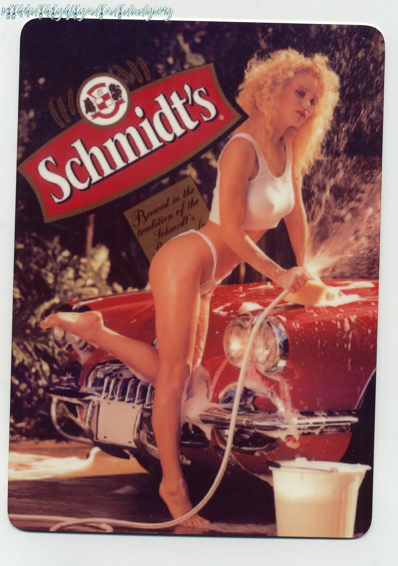 Schmidt's Beer - Metal Counter Sign - Sexy Girl w/Vintage Corvette sign