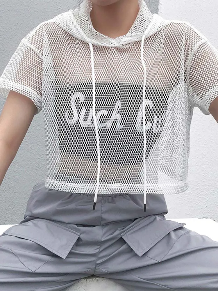 女性用透かし彫りメッシュフード付きTシャツ,半袖Tシャツ,透明な黒のTシャツ,パーティーウェア