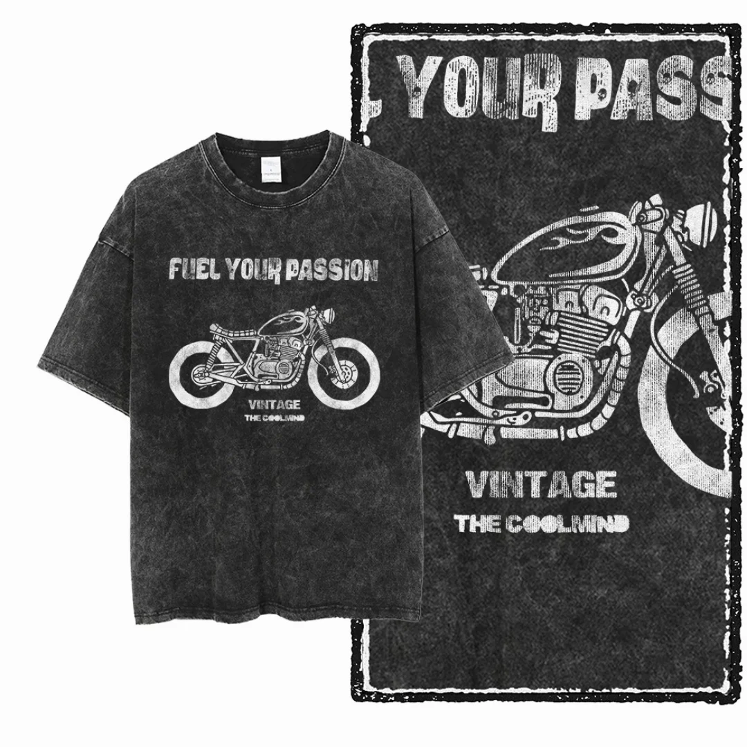 

Vintage Washed Classic Motorcycle Graphic Fuel Your Passion Men Tshirt Oversized Black Casual T-shirt Retro Streetwear Tee