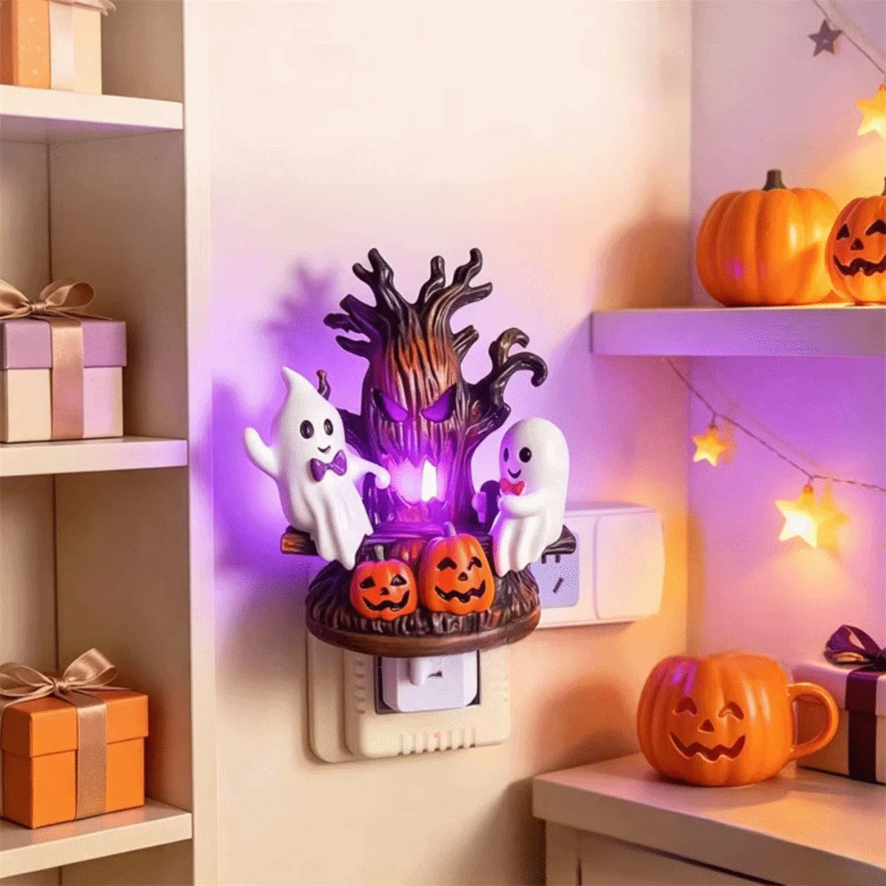 Resin Animated Seesaw Ghosts Night Light US Plug/USB Cartoon Halloween Ambient Light Purple Lighting Halloween Spooky Tree Lamps