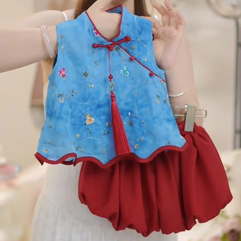 

New Chinese Style Girls' Summer New Chinese Style Design Jacquard Button Vest and Bloomers Two-Piece Set National Trend