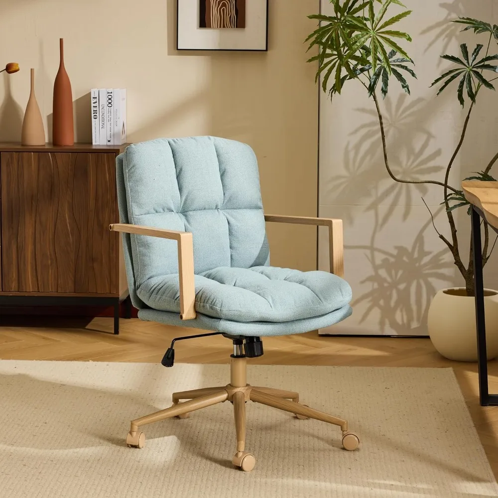 

Comfy Linen Office Desk Chair With Wheels &Detachable Cushions& Wood-like Armrests,Swivel Small Computer Task Chair