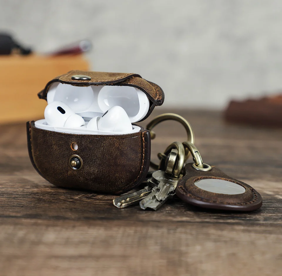 Retro-Rindslederhüllen für AirPods Pro 2 und Airtag, Leder-Ladebox, kabelloses Bluetooth-Zubehör mit Schlüsselanhänger – Detail 2