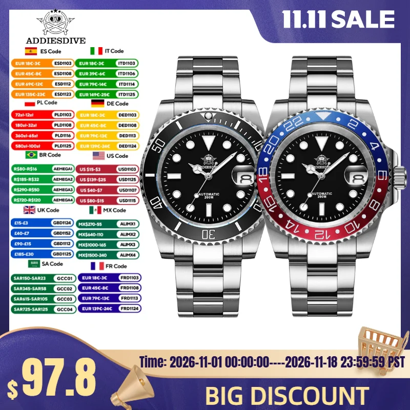 ADDIESDIVE Top Brand Men Watch AD2503 Sapphire Glass BGW9 Super Luminous Calendar 200M Waterproof  Automatic Mechanical Watches