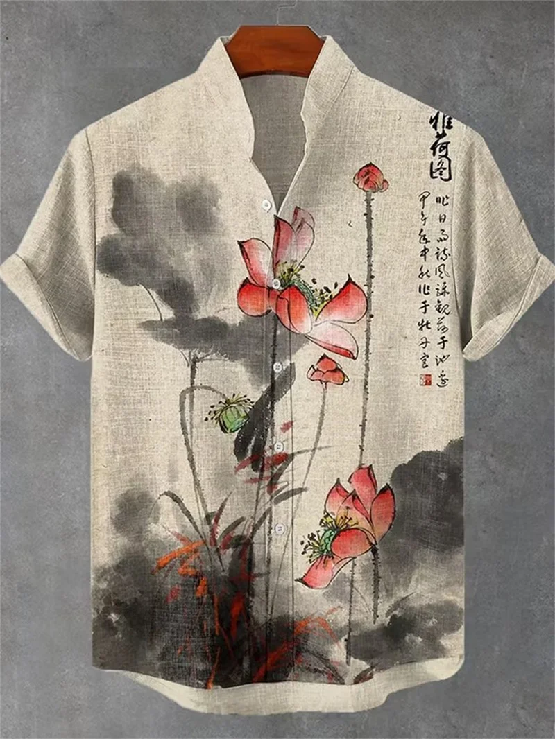 New Japanese style shirt with black and red contrasting colors, Chrysanthemum Maple Warrior cat short sleeved top