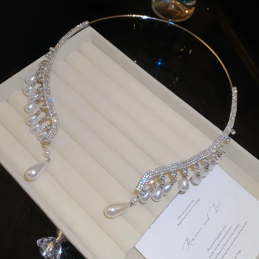 Vintage Imitation Pearl Rhinestone Choker Necklace for Women Crystal Tassel Open Collar Female Wedding Bridal Prom Party Jewelry