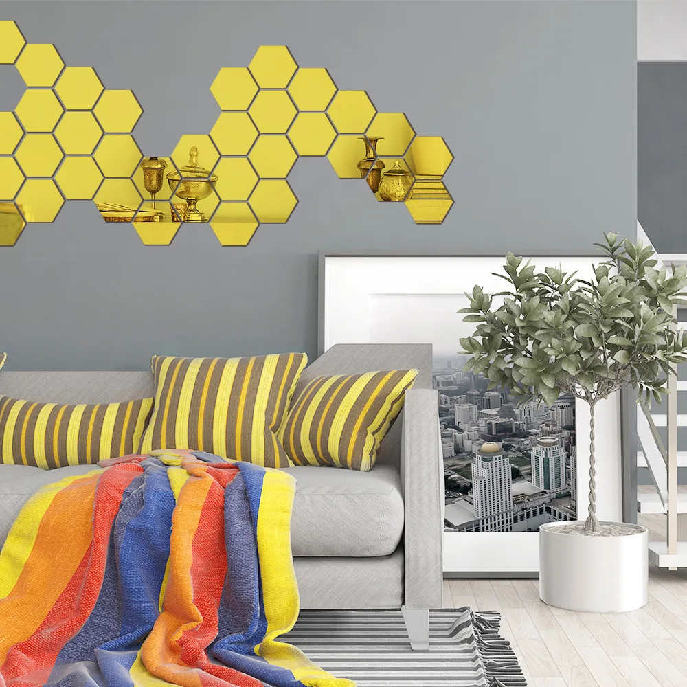 Miroir mural hexagonal géométrique 3D en acrylique, autocollants de fond de salon, décor de chambre à coucher, accessoires pour la maison, cadeau,