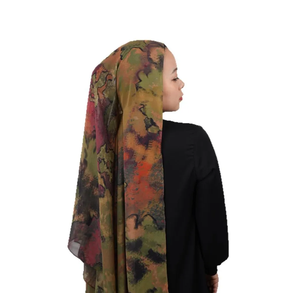 Pañuelo musulmán teñido anudado de gasa sedosa con estampado de penetración de doble cara de seda simulada para Europa, América, Sudeste Asiático