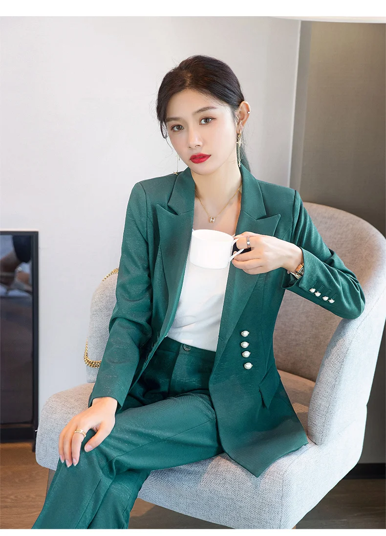 Autumn Winter Long Sleeve Women Formal Pant Suit Female Ladies Green Black Business Work Wear 2 Piece Set Blazer And Trouser