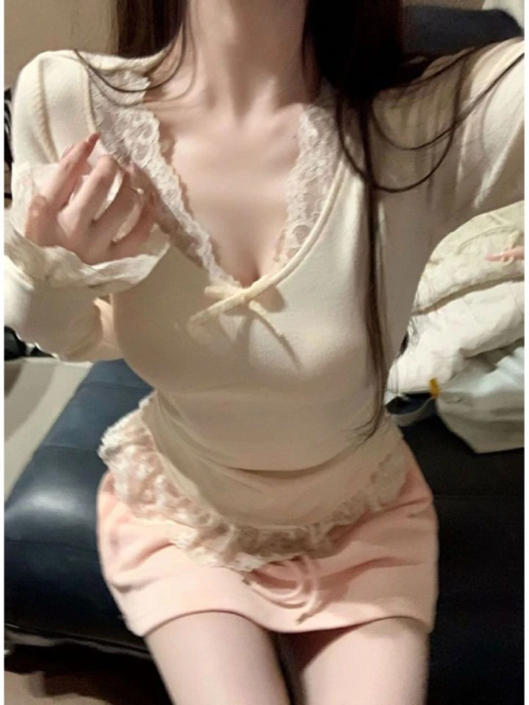 Apricot Kawaii Lolita Two-piece Set Women French Bow Party Skirt Suit Female 2024 Long Sleeve Japanese Blouse + Pink Mini Skirts