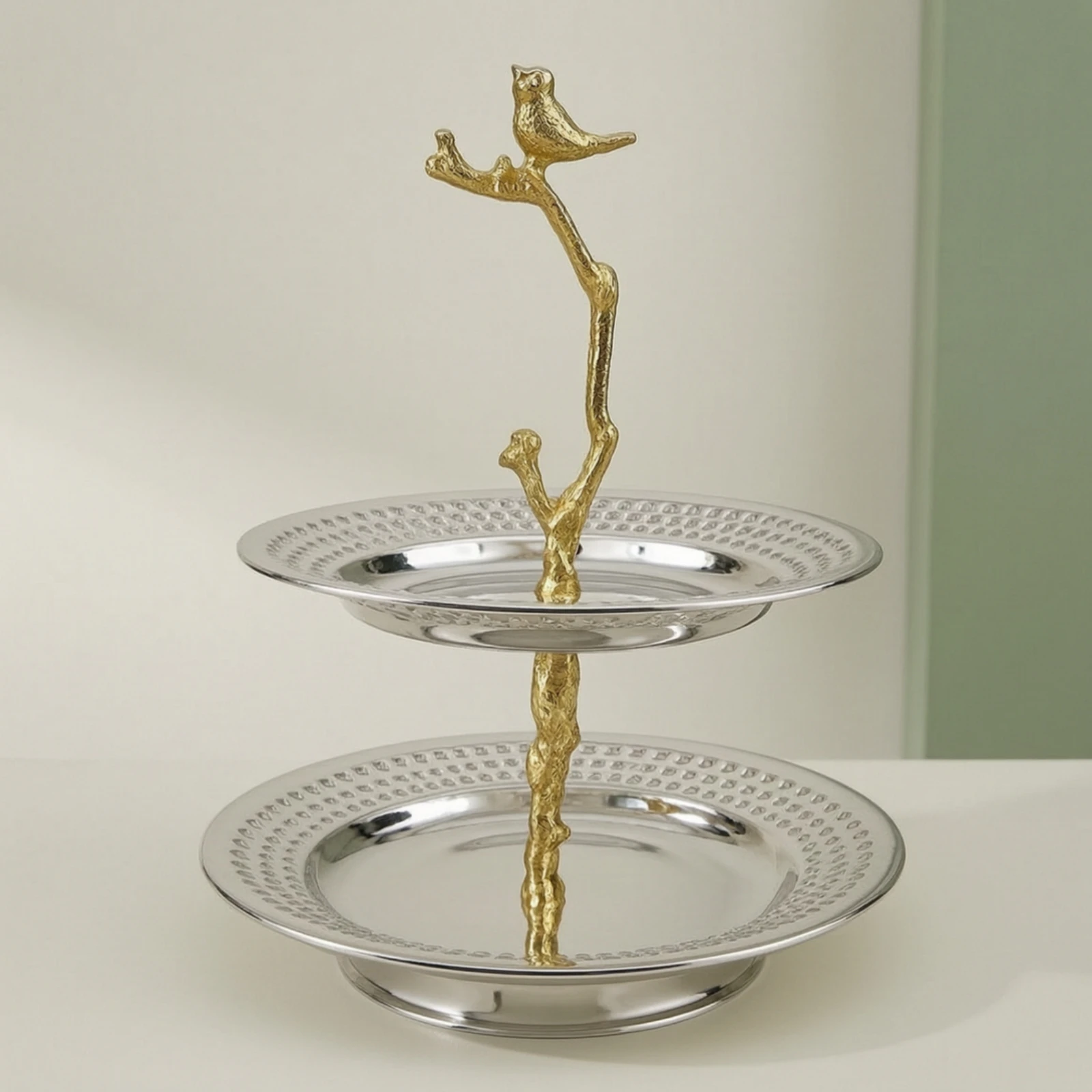 2-Tier Serving Tray Double-Layer Tiered Serving Tray Fruit Basket with Stand Reflective Pastry Holder Decorative for Hosts