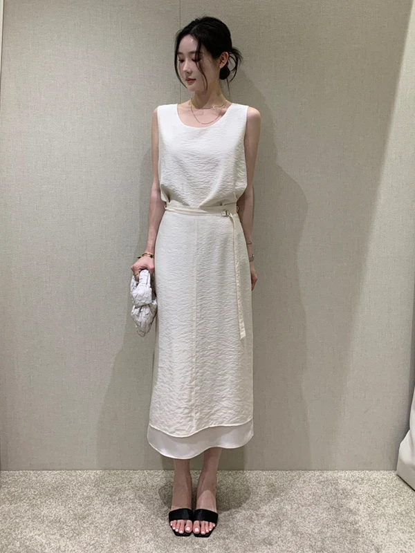 

Summer Commute Sleeveless Loose Vest High Waist Belted Skirt Set Women's Fashionable Outfit Casual Polyester Clothing