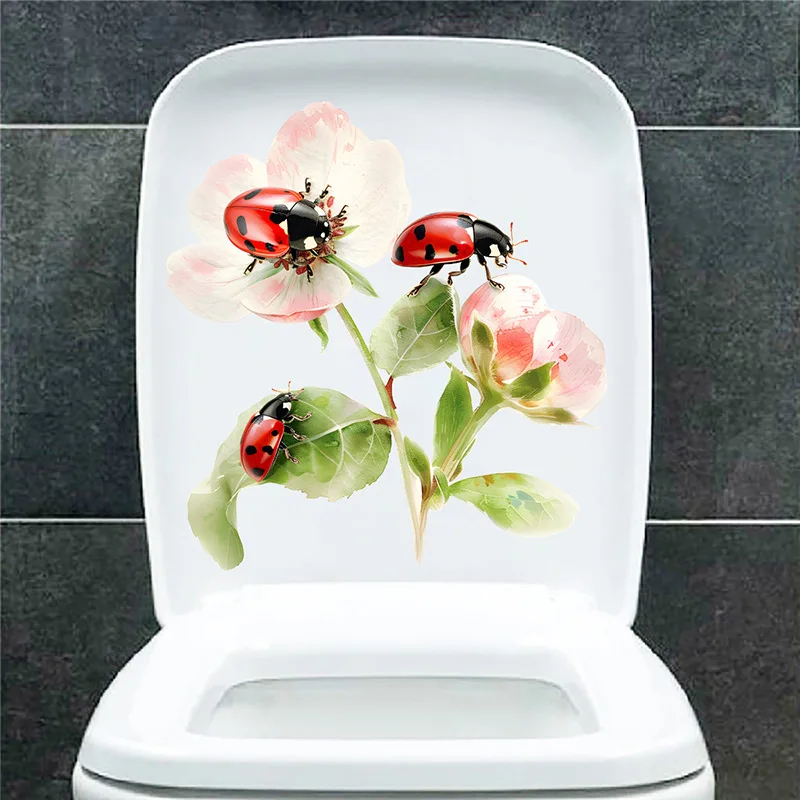 Waterproof Toilet Seat Cover Sticker with Painted Flower Ladybug Wall Sticker Self-Adhesive PVC Design for Bathroom