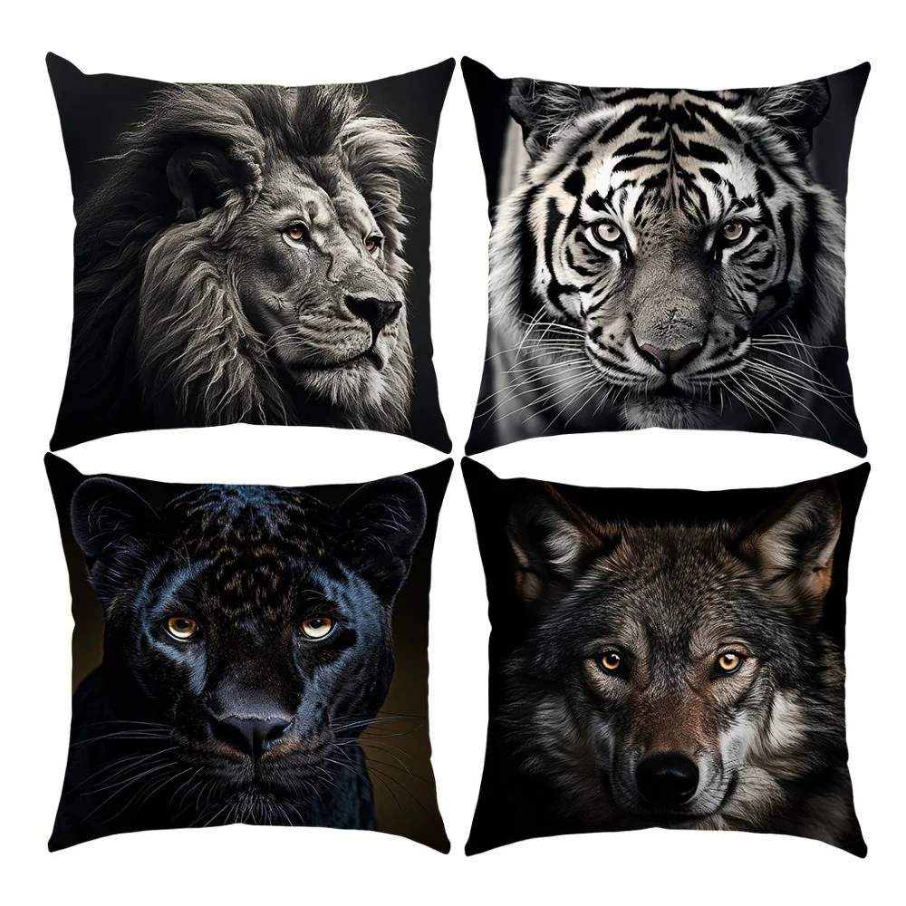 Four Animal Head Pillowcases: Lion, Tiger, Black Panther, and Wolf Sofa cushion cover home room decoration 2D flat printing