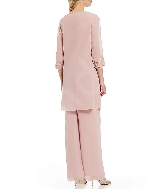 Tenue de mère de la mariée rose blush personnalisée, robes 3 pièces, veste fluide en mousseline, haut orné d'événements de mariage